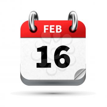 Bright realistic icon of calendar with 16 february date on white
