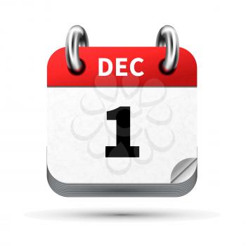 Bright realistic icon of calendar with 1st december date on white
