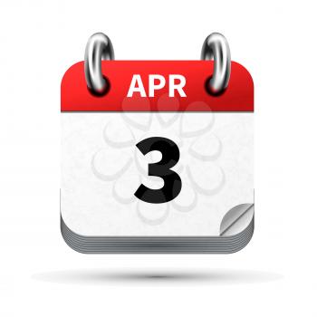 Bright realistic icon of calendar with 3 april date on white