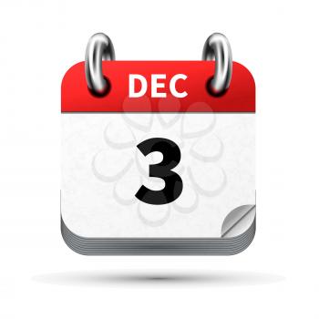 Bright realistic icon of calendar with 3 december date on white