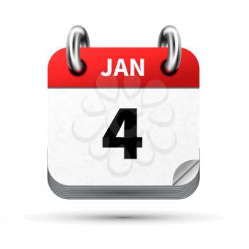 Bright realistic icon of calendar with 4 january date on white