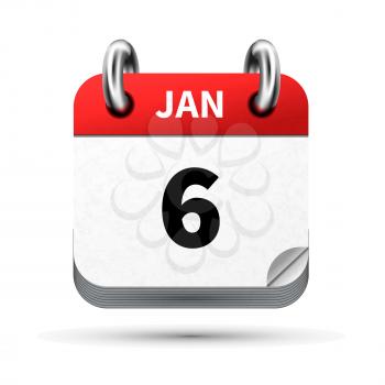 Bright realistic icon of calendar with 6 january date on white