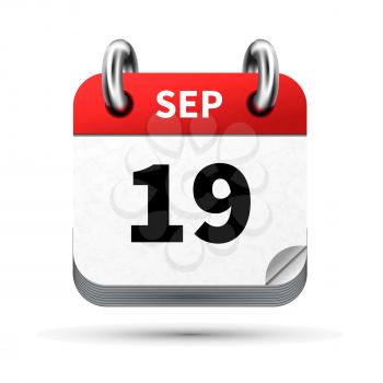 Bright realistic icon of calendar with 19 september date on white