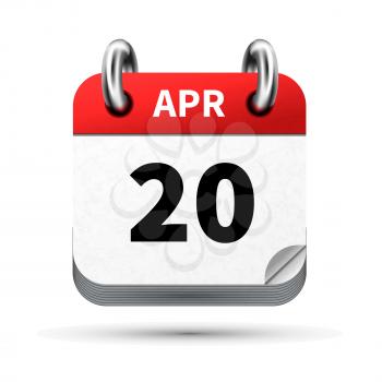 Bright realistic icon of calendar with 20 april date on white