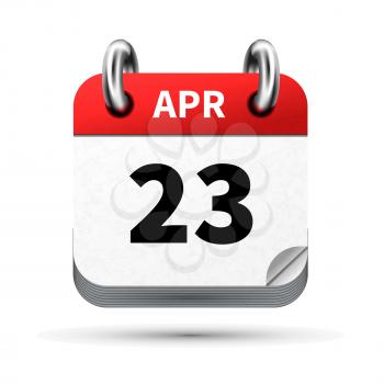 Bright realistic icon of calendar with 23 april date on white