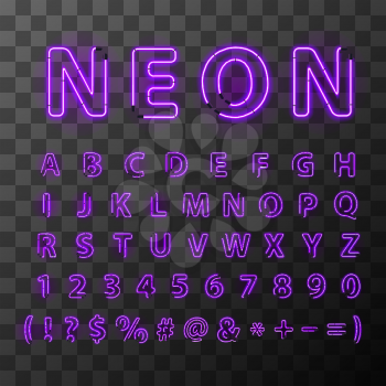 Bright ultraviolet neon letters. Neon letters font on transparent background. Letters and numbers compiled from neon tubes.