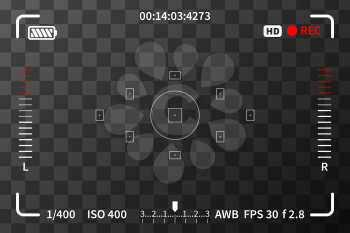 Camera viewfinder with iso, battery and audio levels marks on transparent background
