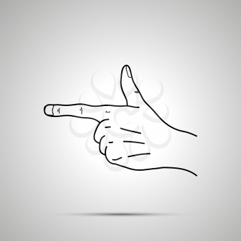 Cartoon hand in pointing gesture, simple outline icon on gray