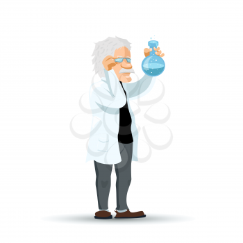 Cute cartoon scientist character with blue chemical flask isolated on white