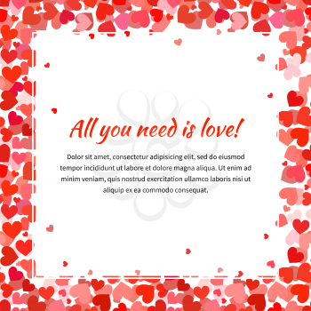 Cute template with many red hearts and text space, square illustration