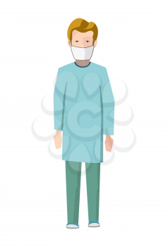 Dentist in green medical uniform, flat character isolated on white