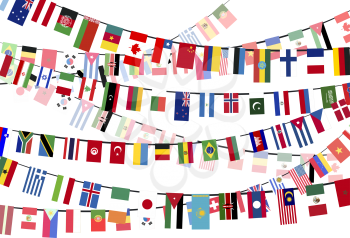 Different countries flags hangs on the ropes on white background