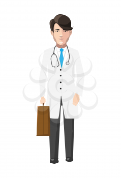 Doctor in white robe with medicine case and stroboscope, flat character isolated on white