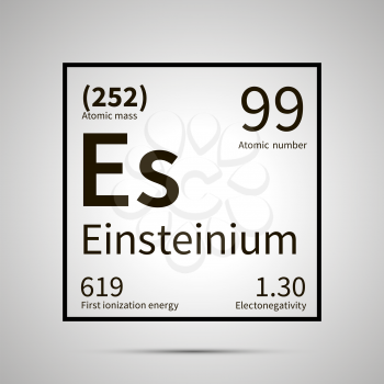 Einsteinium chemical element with first ionization energy, atomic mass and electronegativity values ,simple black icon with shadow on gray