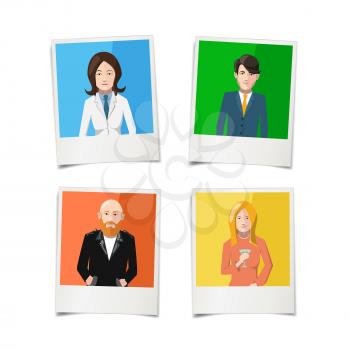 Four polaroid instant photos with flat portraits of people on colourful backgrounds, isolated on white