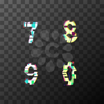 Glitch distortion font. Latin 7, 8, 9, 0 letters on transparent background