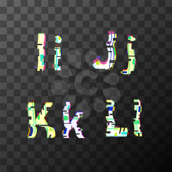Glitch distortion font. Latin I, J, K, L letters on transparent background