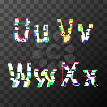 Glitch distortion font. Latin U, V, W, X letters on transparent background