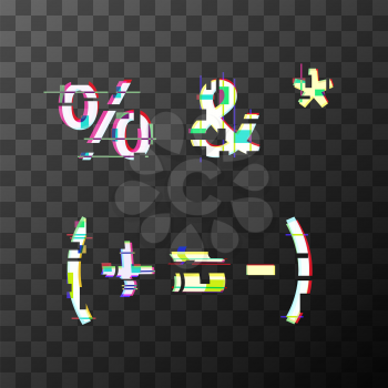Glitch distortion font. Punctuation characters on transparent background