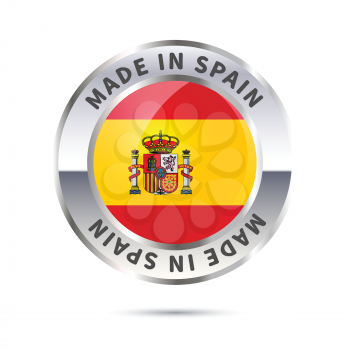 Glossy metal badge icon, made in Spain with flag