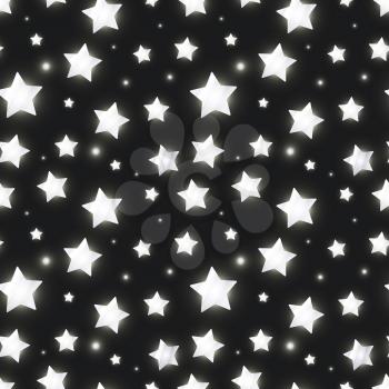 Glossy silver stars on dark background, seamless pattern