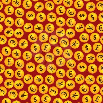 A lot of golden coins with main worlds currency signs on red background seamless pattern