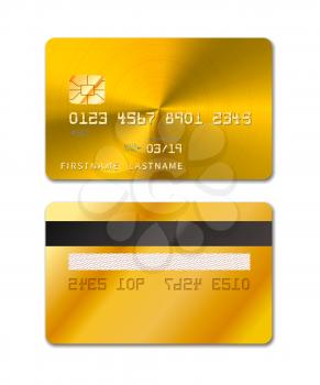 Golden realistic credit card from both sides isolated on white