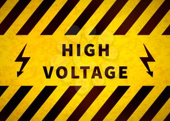 High voltage warning plate, old danger sign with yellow and black stripes and grunge texture