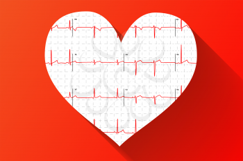 Typical human electrocardiogram in heart shape with long shadow on red background