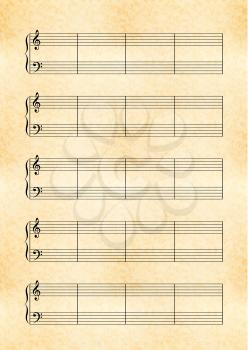 Vertical a4 size yellow sheet of old paper with music note stave with treble and bass clef