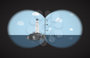 View from the binoculars with metrics on lighthouse on rocks in the sea