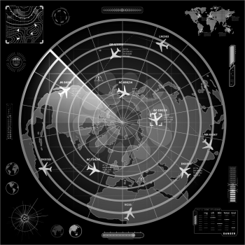 White military radar display with with planes traces and target sign on dark