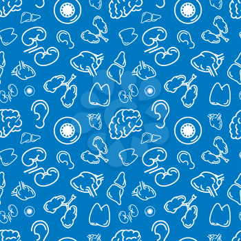White outline human internal organs on blue, seamless pattern