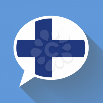 White speech bubble with Finland flag and long shadow on blue background. Finnish language conceptual illustration