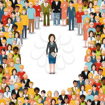 Woman stayed in crowd, conceptual flat illustration