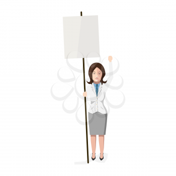 Woman with blank poster, flat character on white