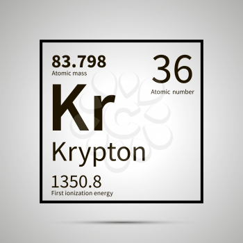Krypton chemical element with first ionization energy and atomic mass values ,simple black icon with shadow on gray
