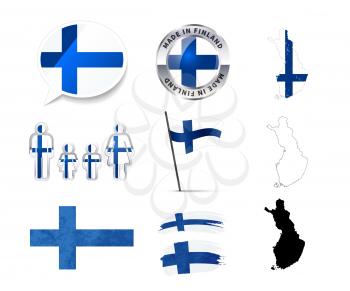 Large set of Finland infographics elements with flags, maps and badges isolated on white