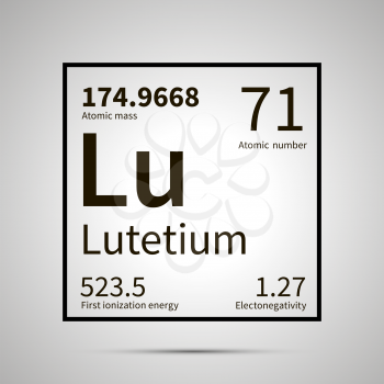 Lutetium chemical element with first ionization energy, atomic mass and electronegativity values ,simple black icon with shadow on gray