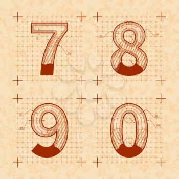 Medieval inventor sketches of 7 8 9 0 letters. Retro style font on old yellow textured paper
