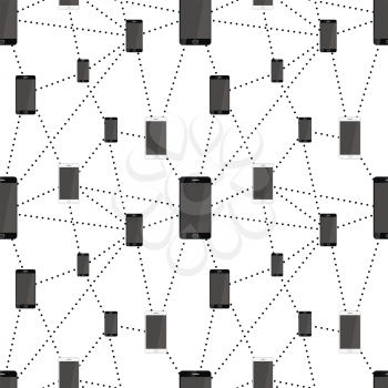 Mobile smartphones in black and white colors connected in network, seamless pattern