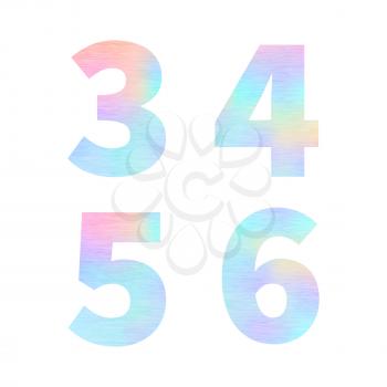 Modern 3 4 5 6 letters with bright colorful holographic foil texture on white
