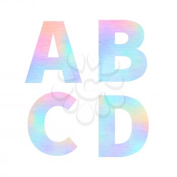 Modern A B C D letters with bright colorful holographic foil texture on white