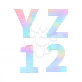 Modern Y Z 1 2 letters with bright colorful holographic foil texture on white