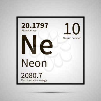 Neon chemical element with first ionization energy and atomic mass values ,simple black icon with shadow on gray