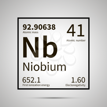 Niobium chemical element with first ionization energy, atomic mass and electronegativity values ,simple black icon with shadow on gray