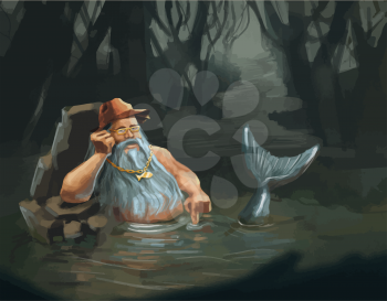 Old man mermaid character concept in water, cartoon illustration