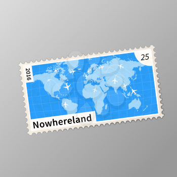 Old post stamp with world map and the price of an imaginary country