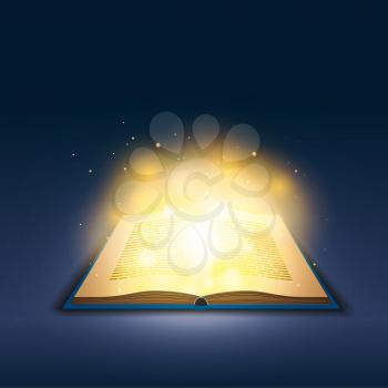 Open book with magic golden light on dark background