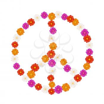 Pacifist sign made up from colourful gerbera flowers, isolated on white